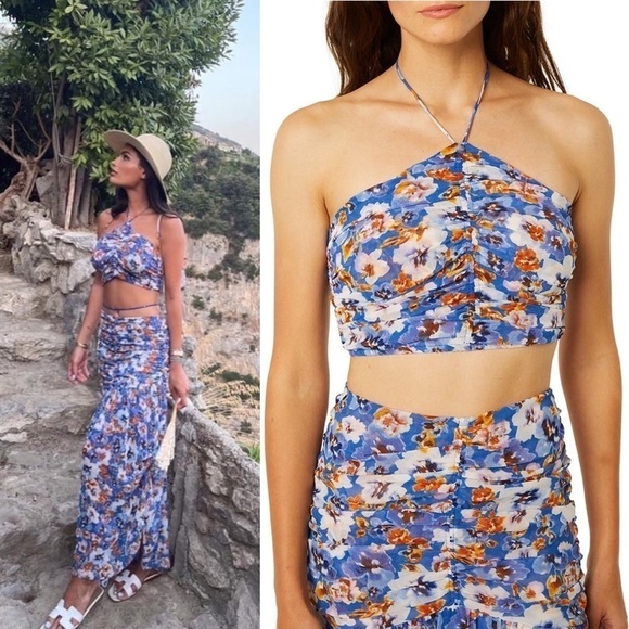MISA LOS ANGELES Floral Ruched Smocked Sleeveless Halter Neck Chiffon Crop Top M - Picture 10 of 16